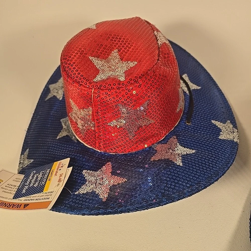 Way to Celebrate 2 Unisex‎ Light Up Sequins Red White Blue Cowboy Hats Team USA